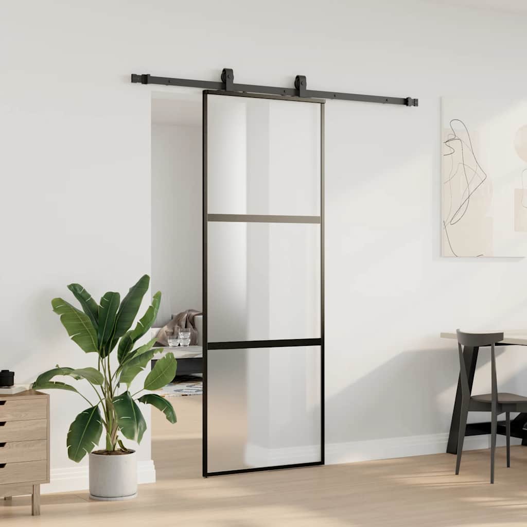 Klizna vrata s priborom crna 76 x 205 cm kaljeno staklo