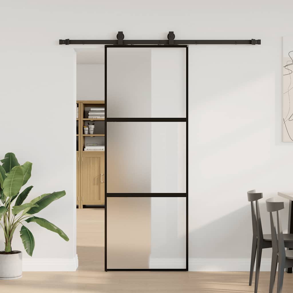 Klizna vrata s priborom crna 76 x 205 cm kaljeno staklo