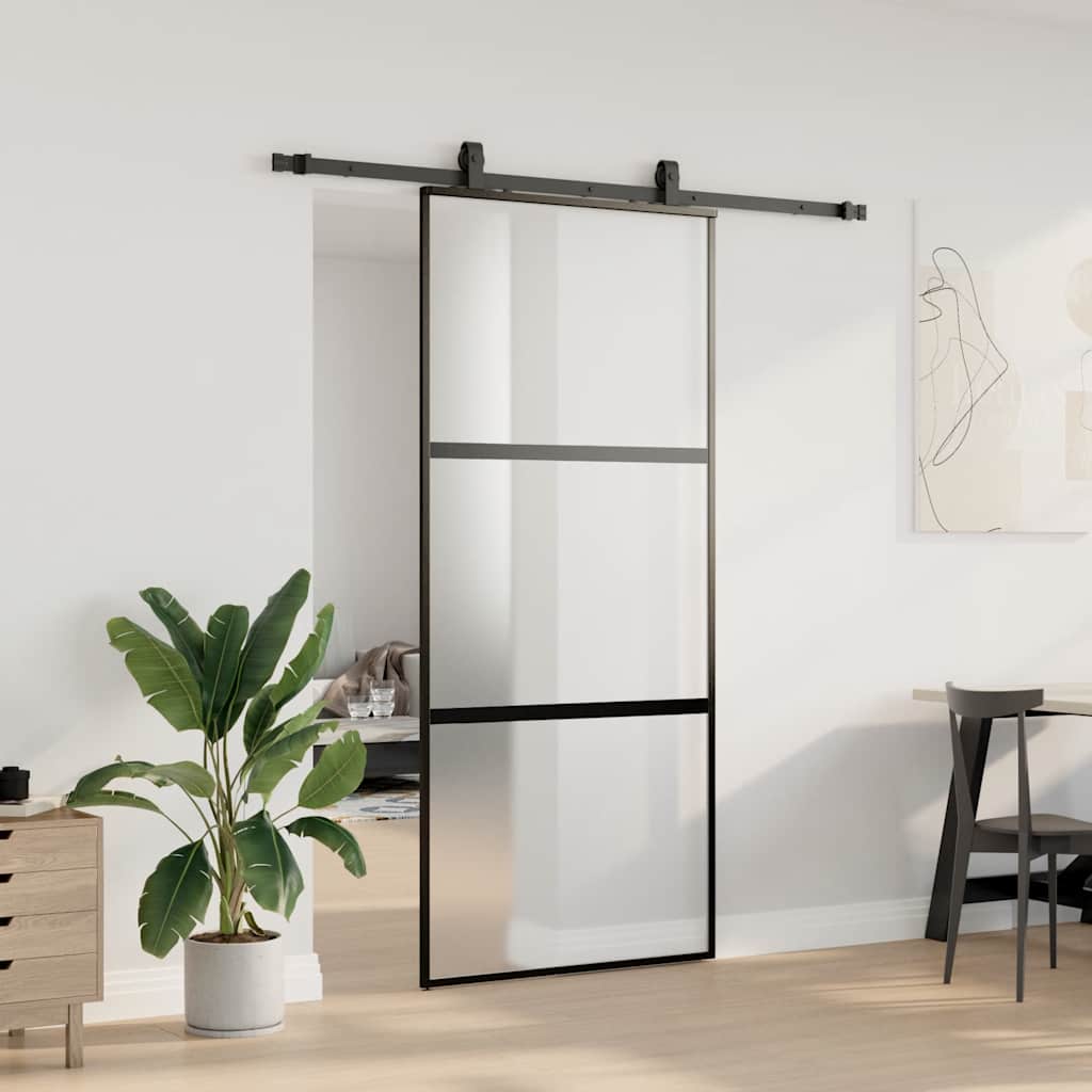 Klizna vrata s priborom crna 90 x 205 cm kaljeno staklo