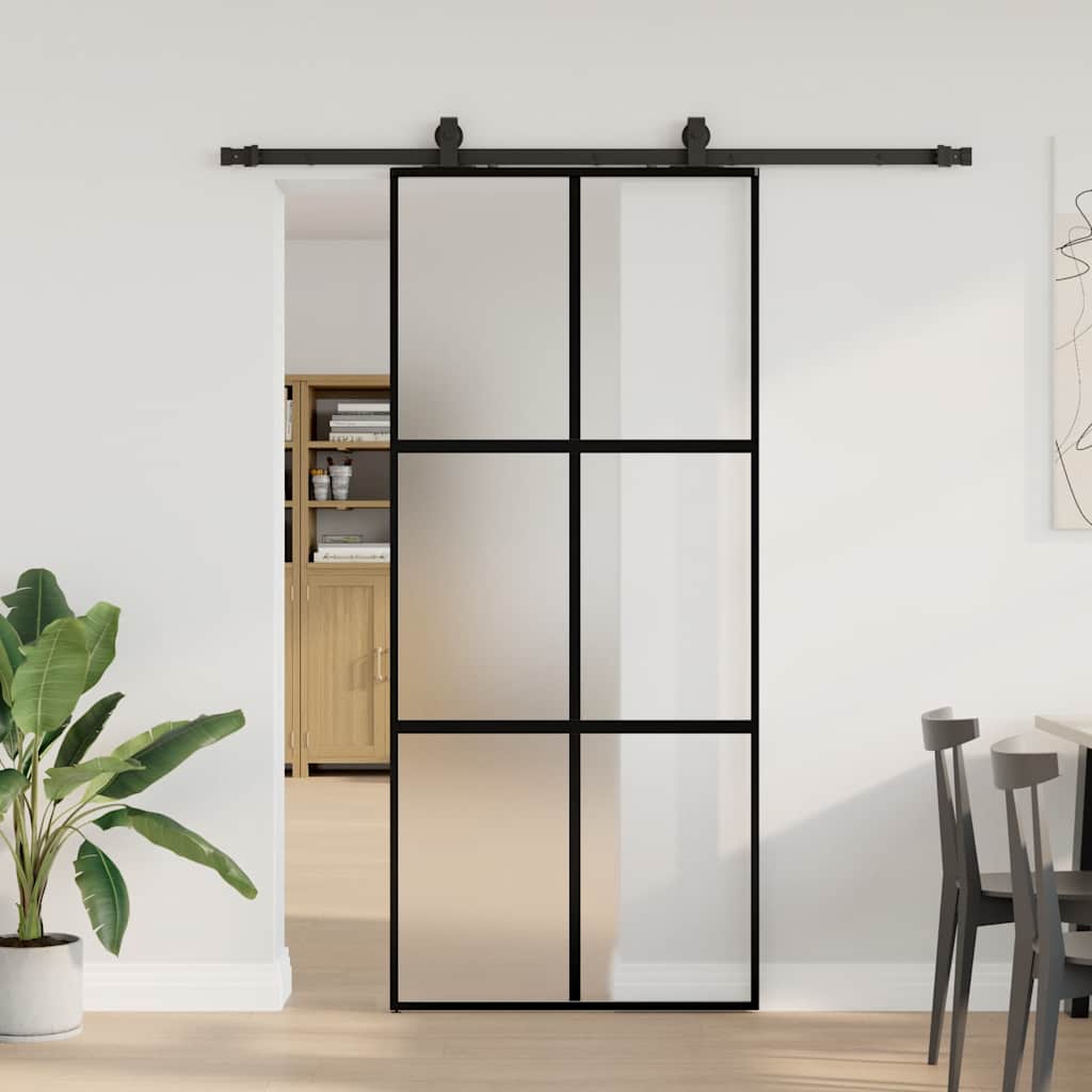Klizna vrata s priborom crna 90 x 205 cm kaljeno staklo