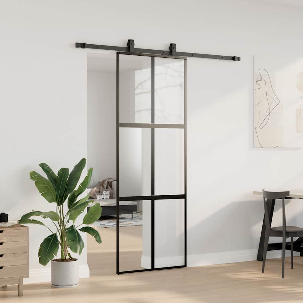 Klizna vrata s priborom crna 76 x 205 cm kaljeno staklo