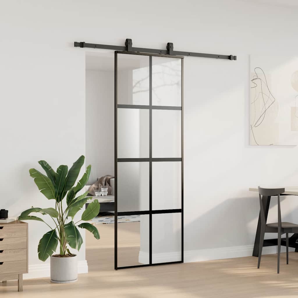 Klizna vrata s priborom crna 76 x 205 cm kaljeno staklo