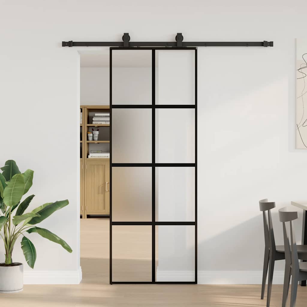 Klizna vrata s priborom crna 76 x 205 cm kaljeno staklo