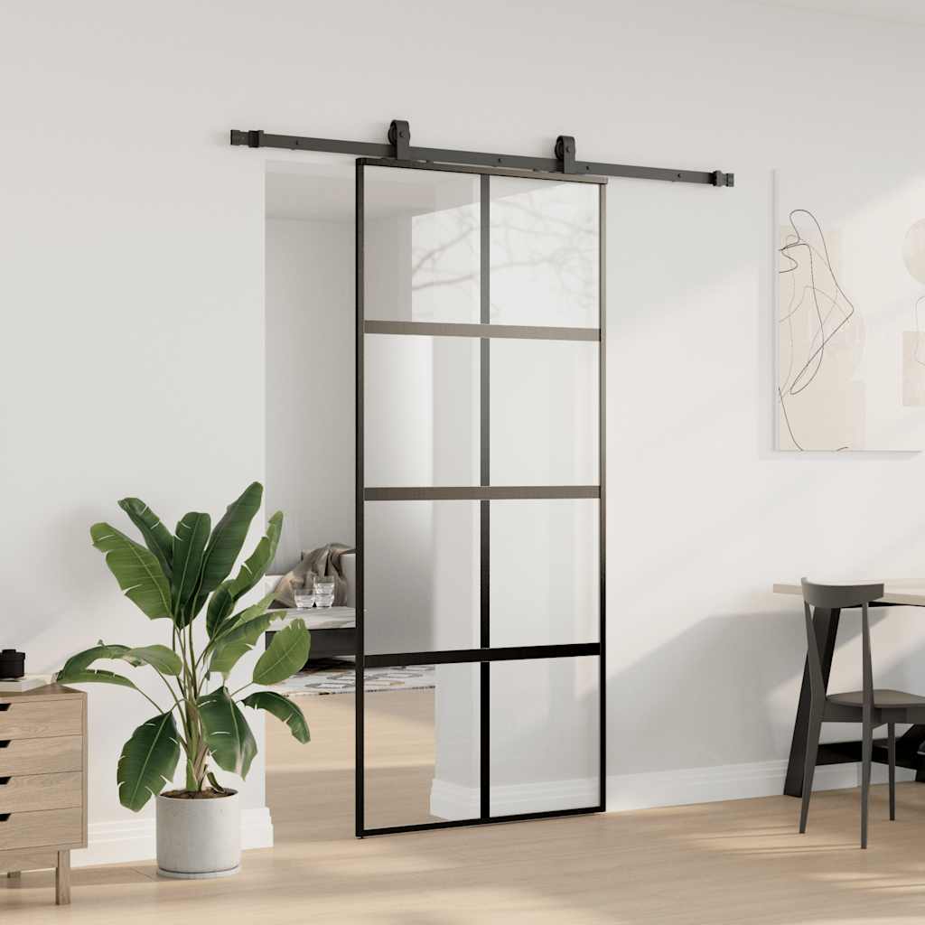 Klizna vrata s priborom crna 90 x 205 cm kaljeno staklo