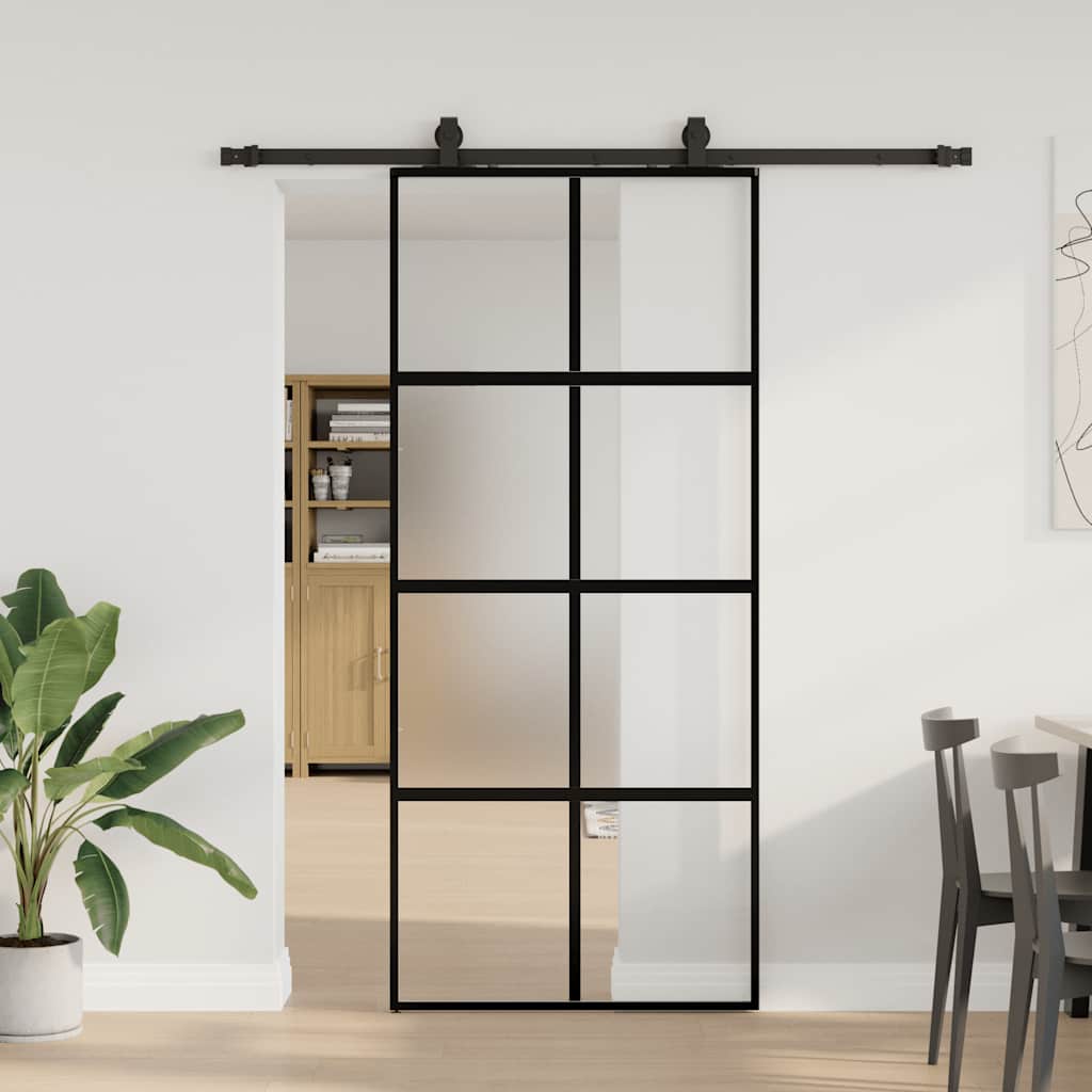 Klizna vrata s priborom crna 90 x 205 cm kaljeno staklo