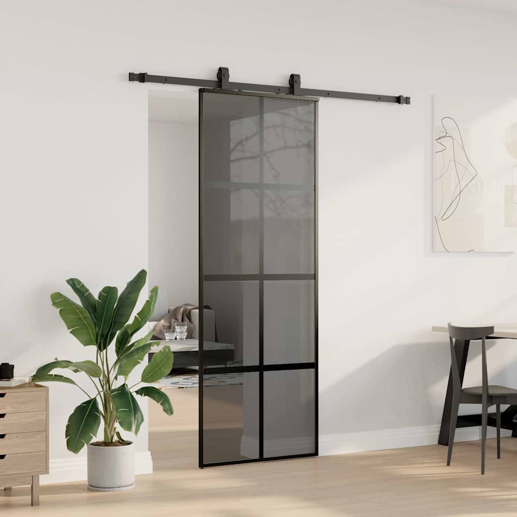 Klizna vrata s priborom crna 76 x 205 cm kaljeno staklo