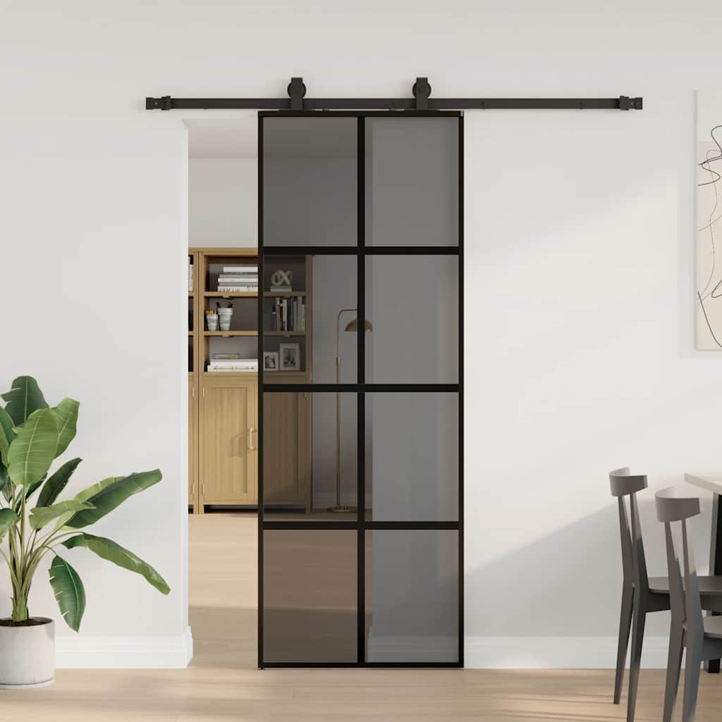 Klizna vrata s priborom crna 76 x 205 cm kaljeno staklo