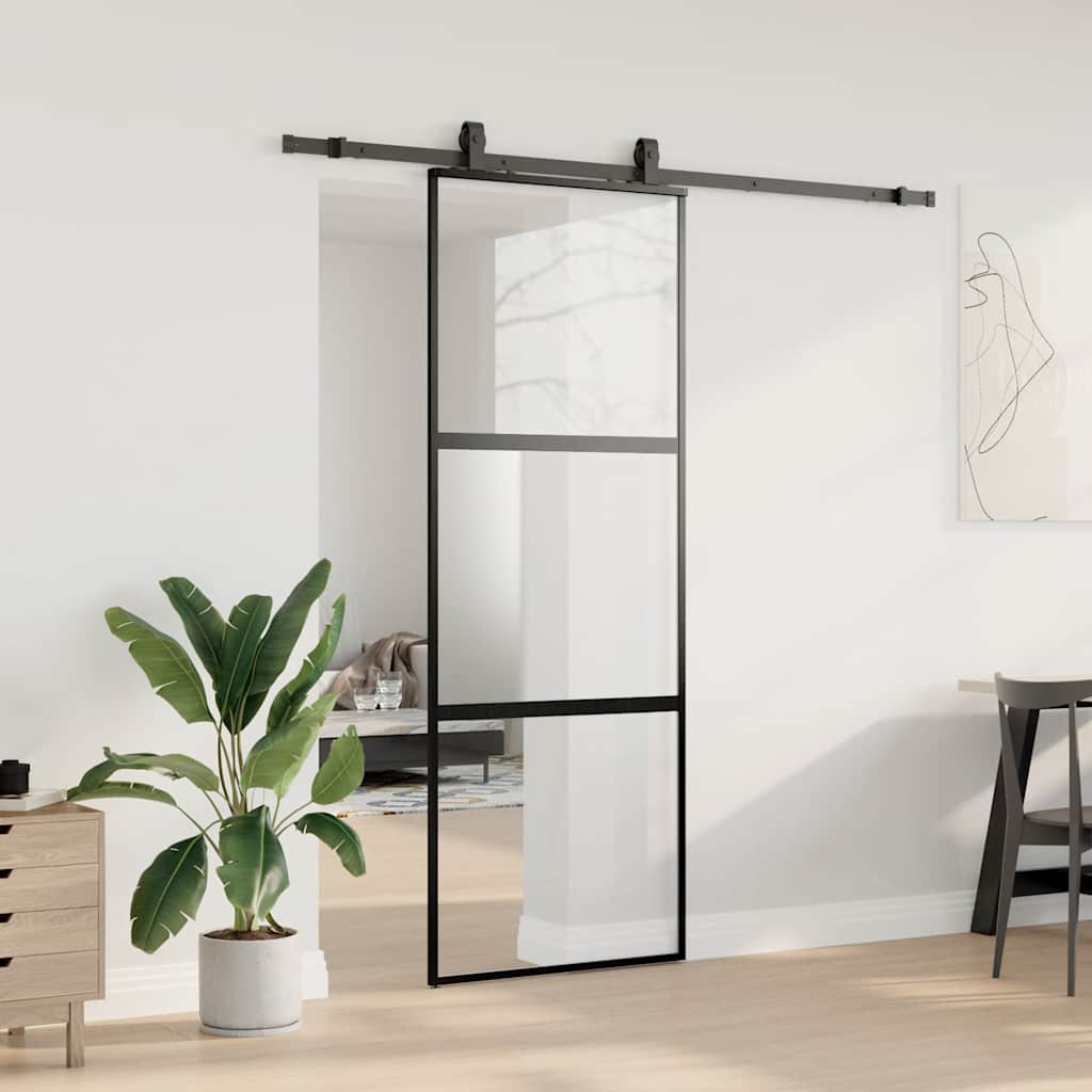 Klizna vrata s priborom crna 76 x 205 cm kaljeno staklo