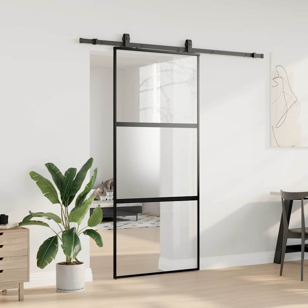 Klizna vrata s priborom crna 90 x 205 cm kaljeno staklo