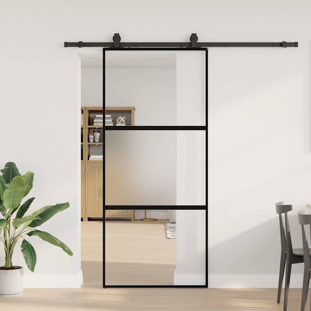 Klizna vrata s priborom crna 90 x 205 cm kaljeno staklo