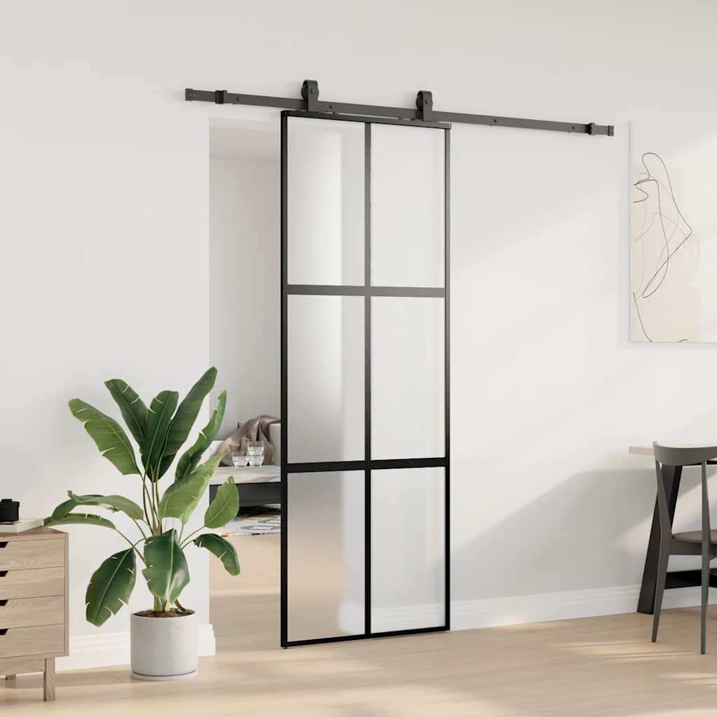Klizna vrata s priborom crna 76 x 205 cm kaljeno staklo