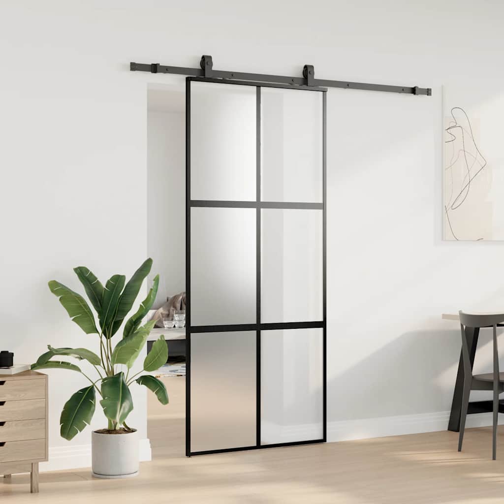 Klizna vrata s priborom crna 90 x 205 cm kaljeno staklo