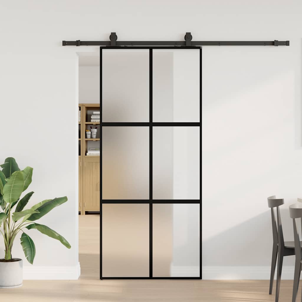 Klizna vrata s priborom crna 90 x 205 cm kaljeno staklo