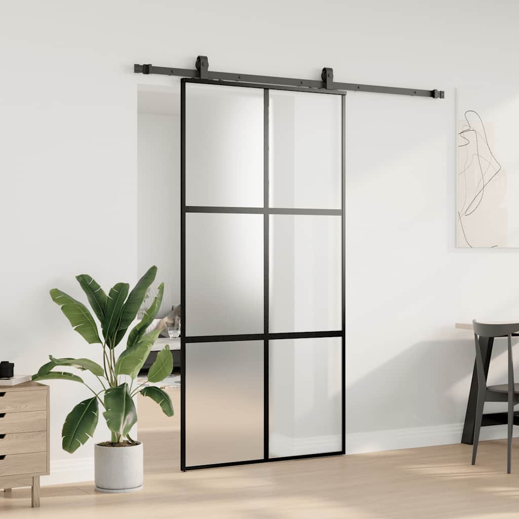 Klizna vrata s priborom crna 102,5 x 205 cm kaljeno staklo