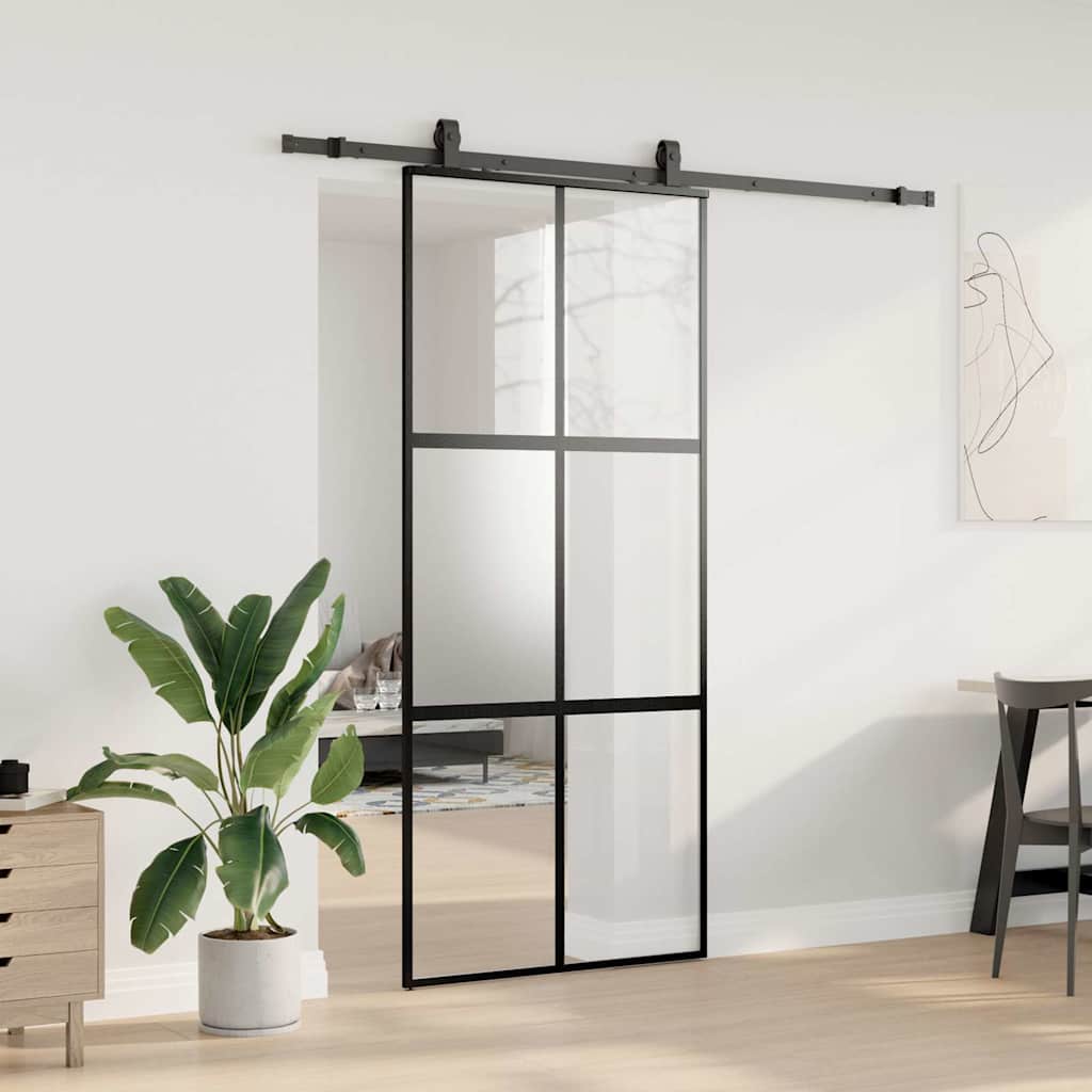 Klizna vrata s priborom crna 90 x 205 cm kaljeno staklo