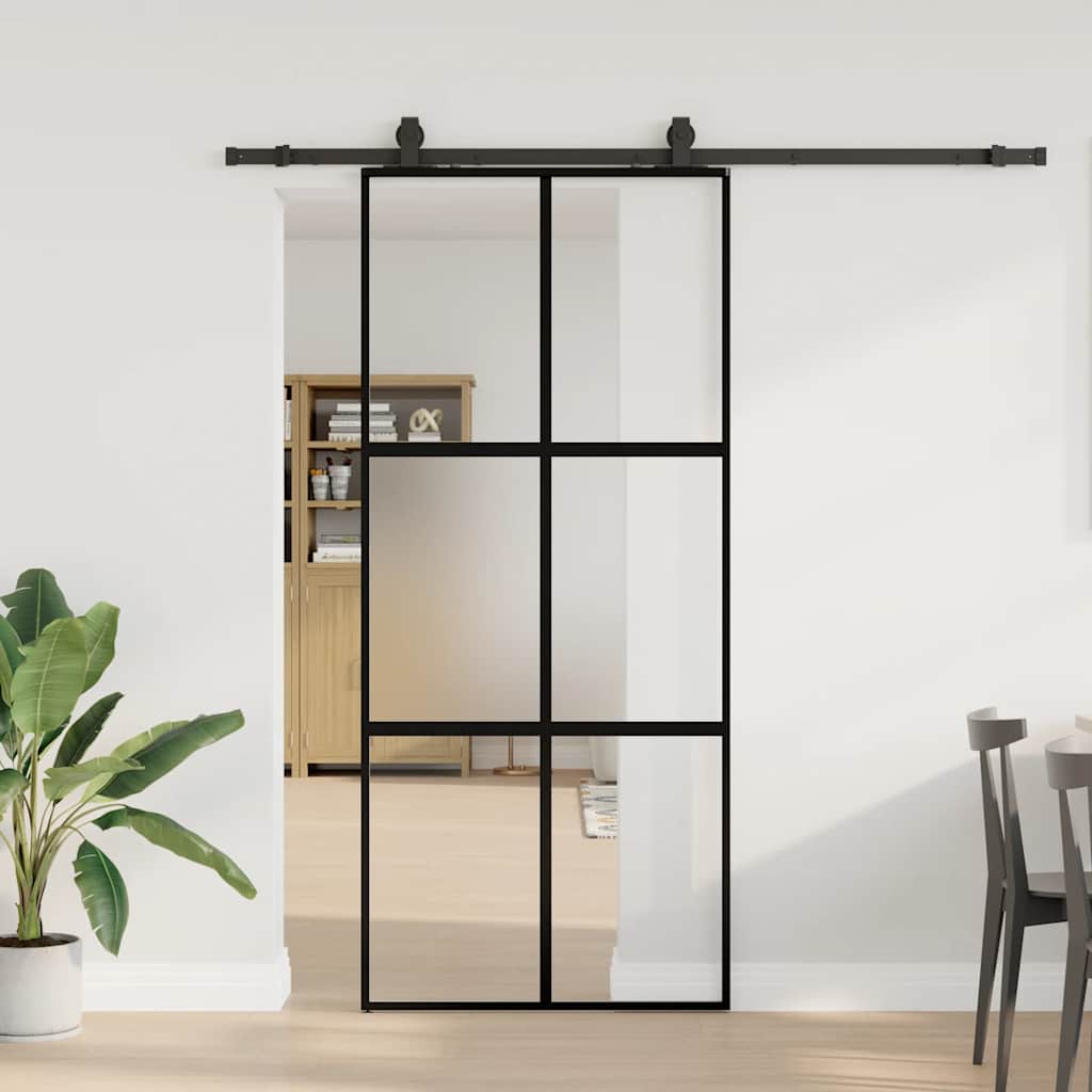 Klizna vrata s priborom crna 90 x 205 cm kaljeno staklo