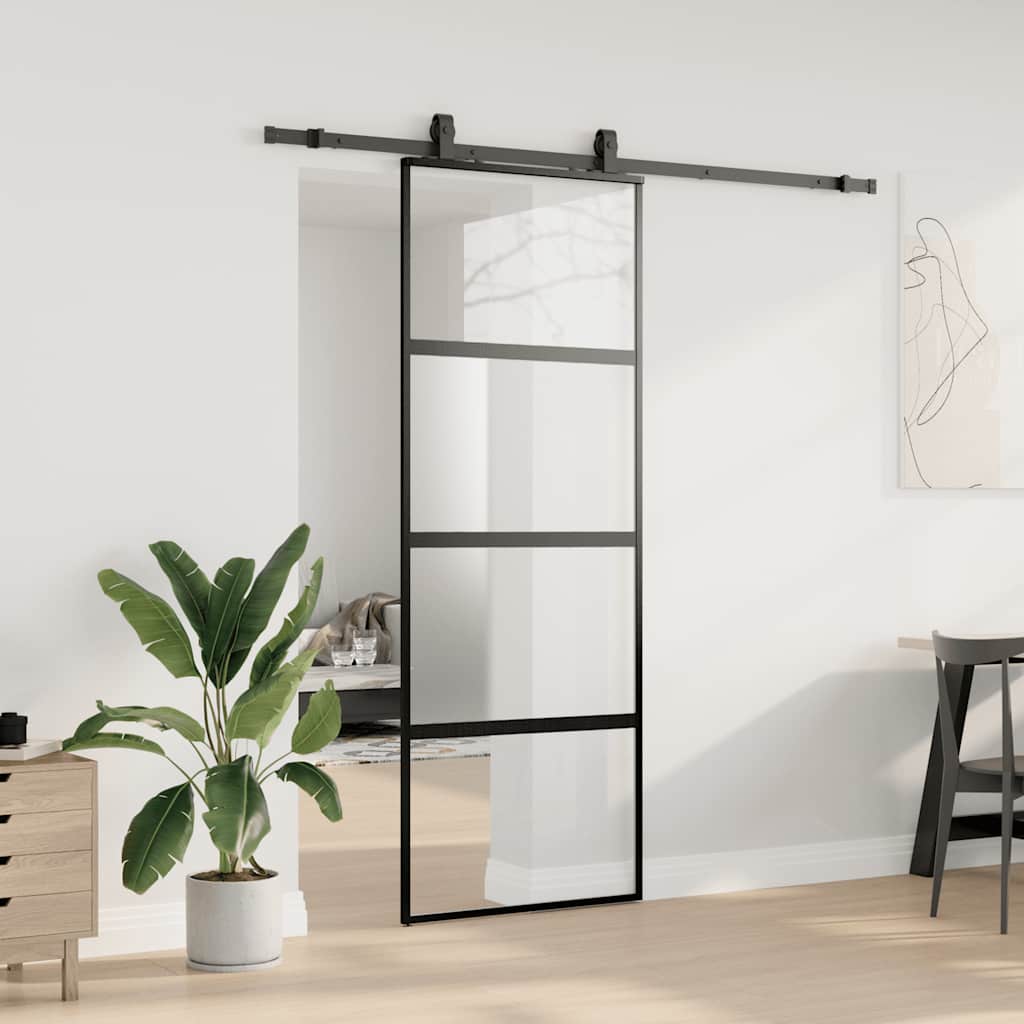 Klizna vrata s priborom crna 76 x 205 cm kaljeno staklo