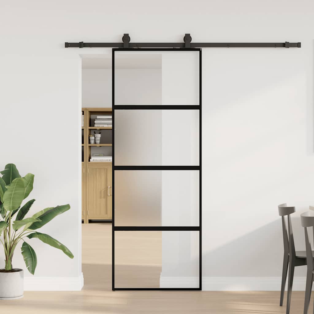 Klizna vrata s priborom crna 76 x 205 cm kaljeno staklo