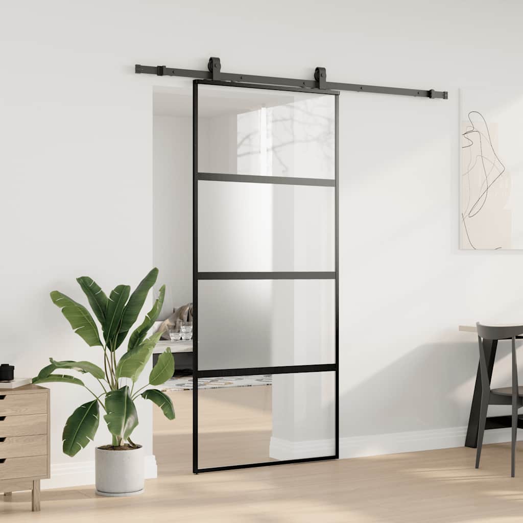 Klizna vrata s priborom crna 90 x 205 cm kaljeno staklo