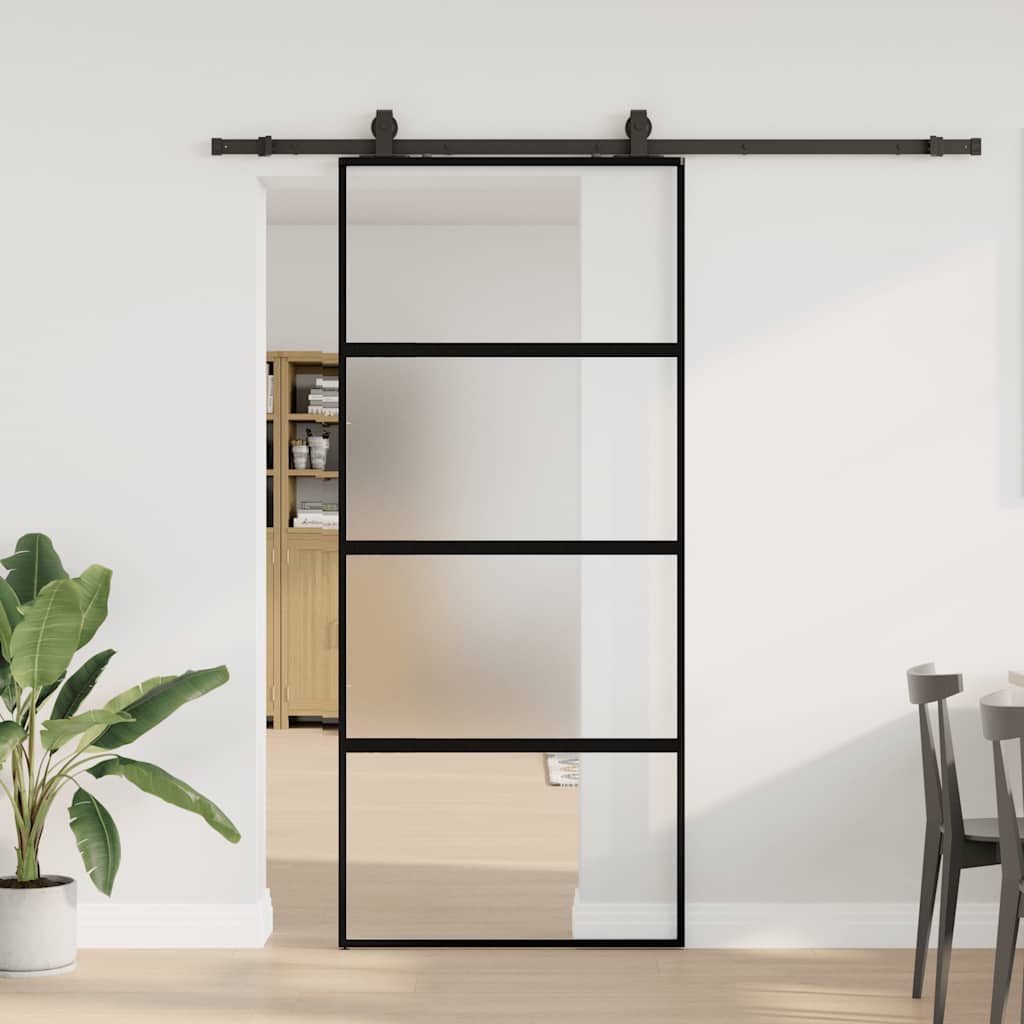 Klizna vrata s priborom crna 90 x 205 cm kaljeno staklo
