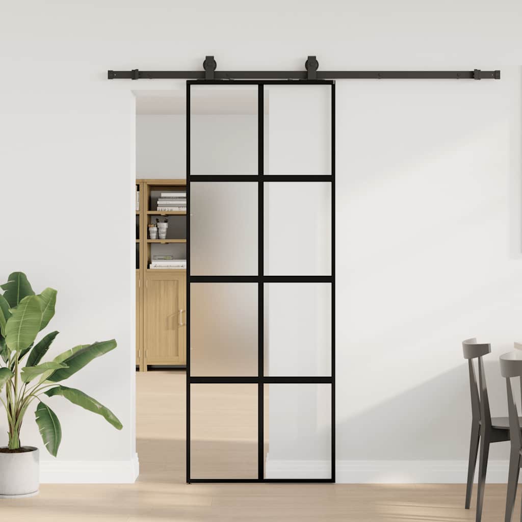 Klizna vrata s priborom crna 76 x 205 cm kaljeno staklo