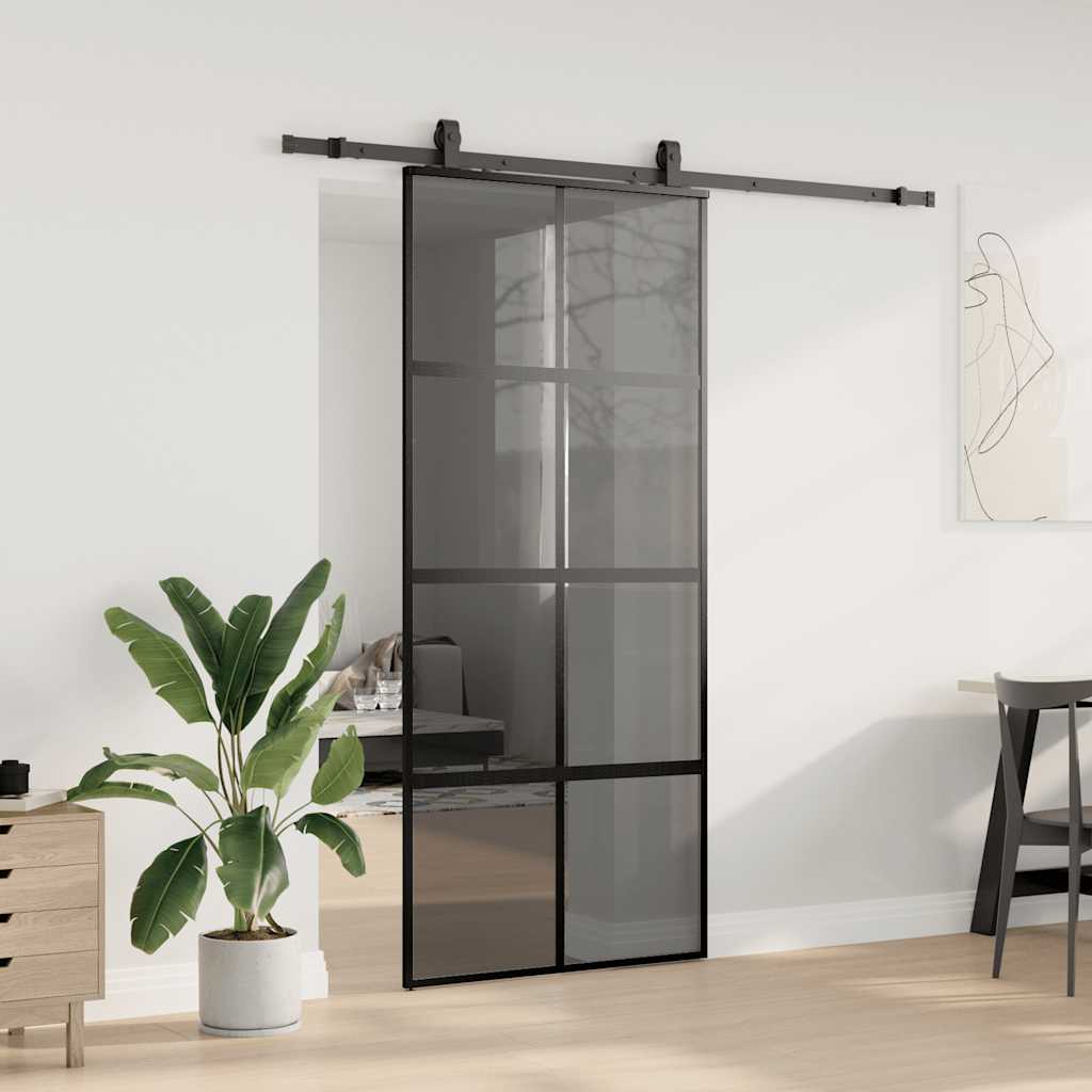 Klizna vrata s priborom crna 90 x 205 cm kaljeno staklo