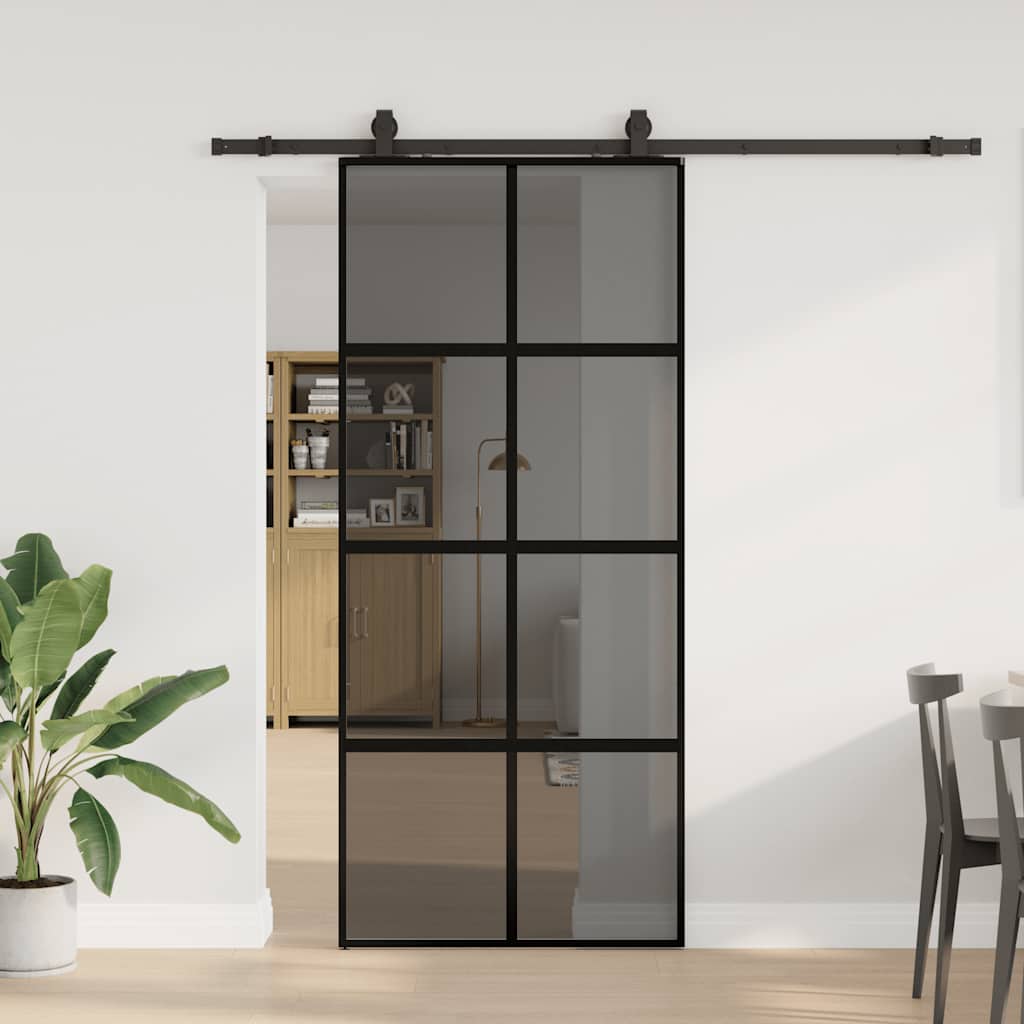 Klizna vrata s priborom crna 90 x 205 cm kaljeno staklo