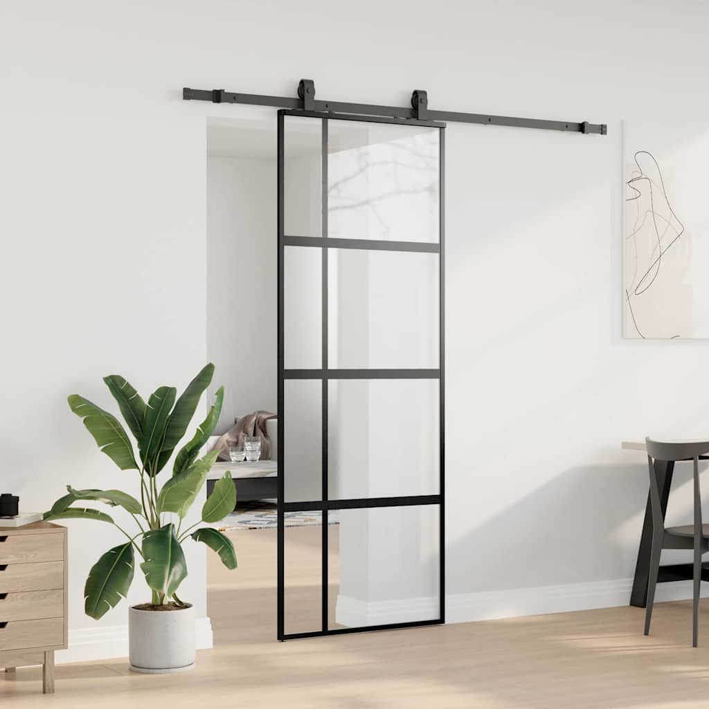 Klizna vrata s priborom crna 76 x 205 cm kaljeno staklo