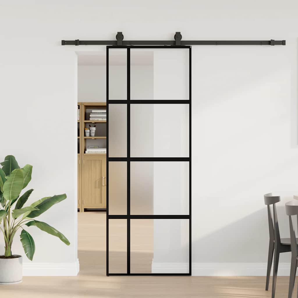 Klizna vrata s priborom crna 76 x 205 cm kaljeno staklo