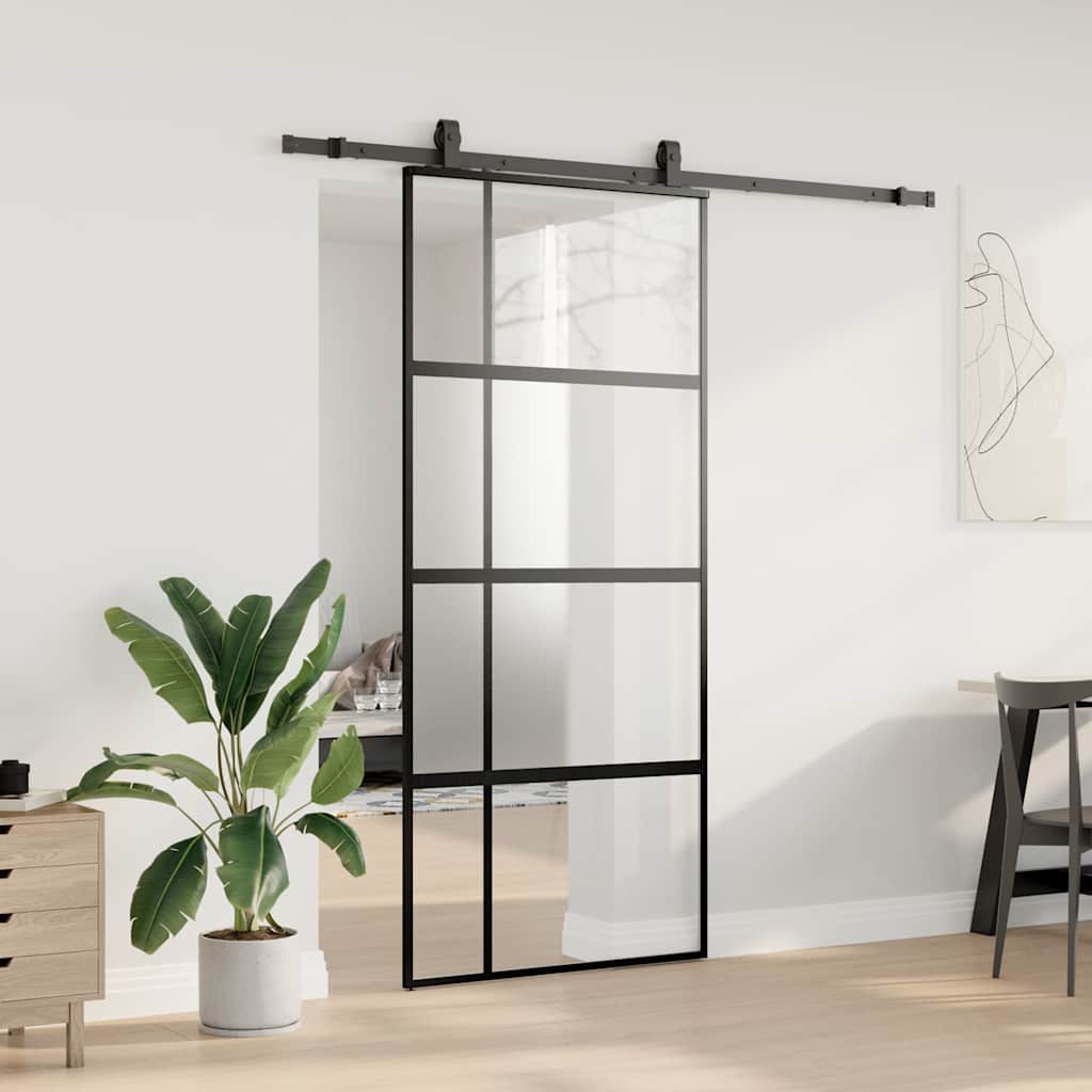 Klizna vrata s priborom crna 90 x 205 cm kaljeno staklo