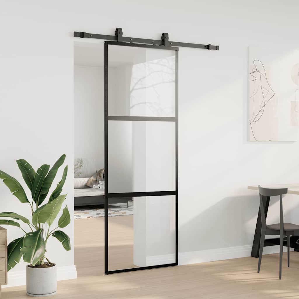Klizna vrata s priborom crna 76 x 205 cm kaljeno staklo