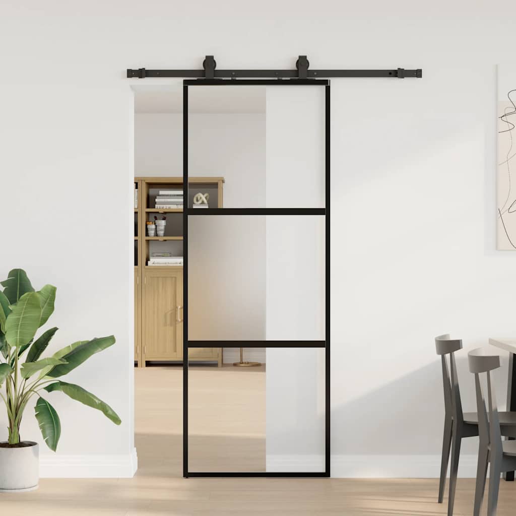 Klizna vrata s priborom crna 76 x 205 cm kaljeno staklo