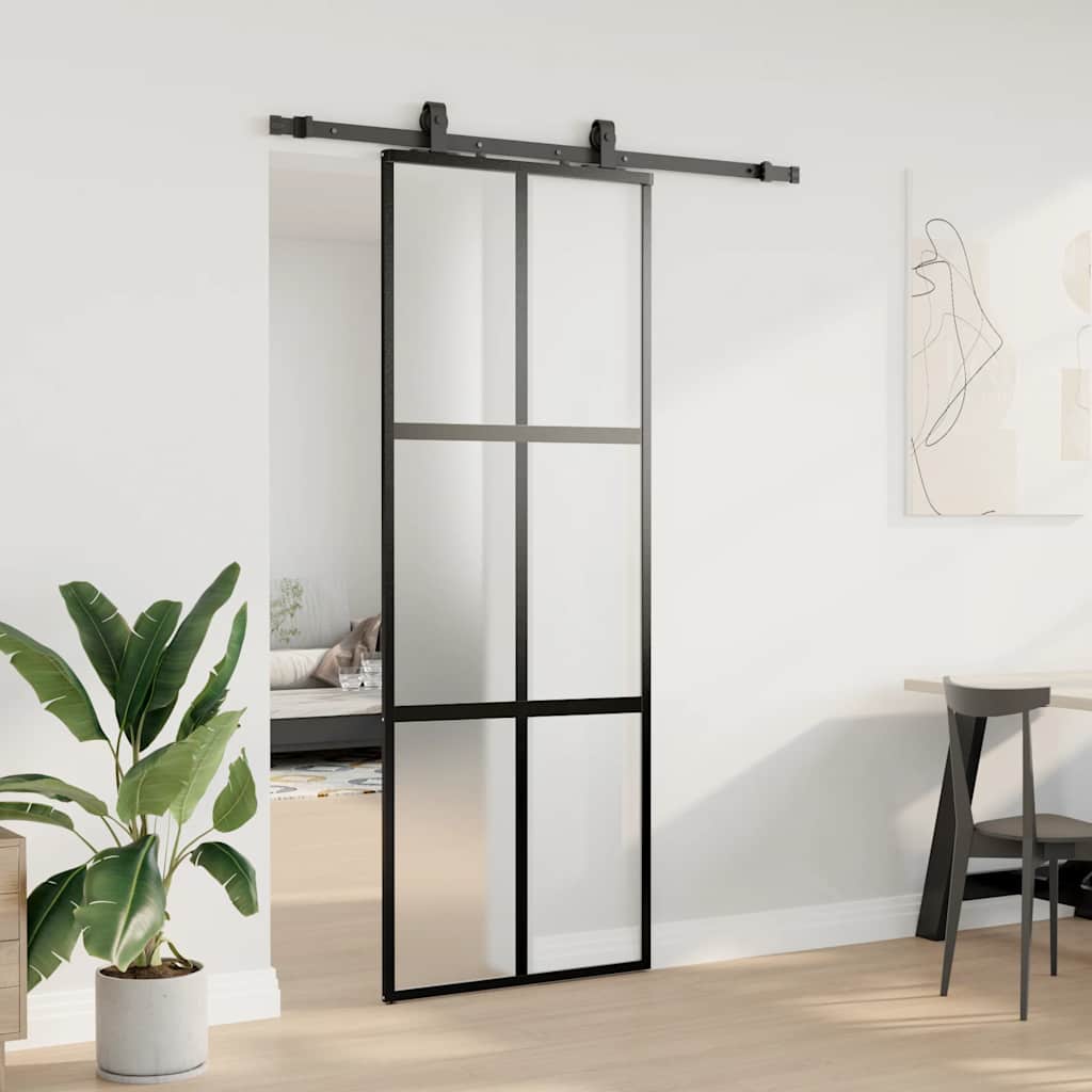 Klizna vrata s priborom crna 76 x 205 cm kaljeno staklo