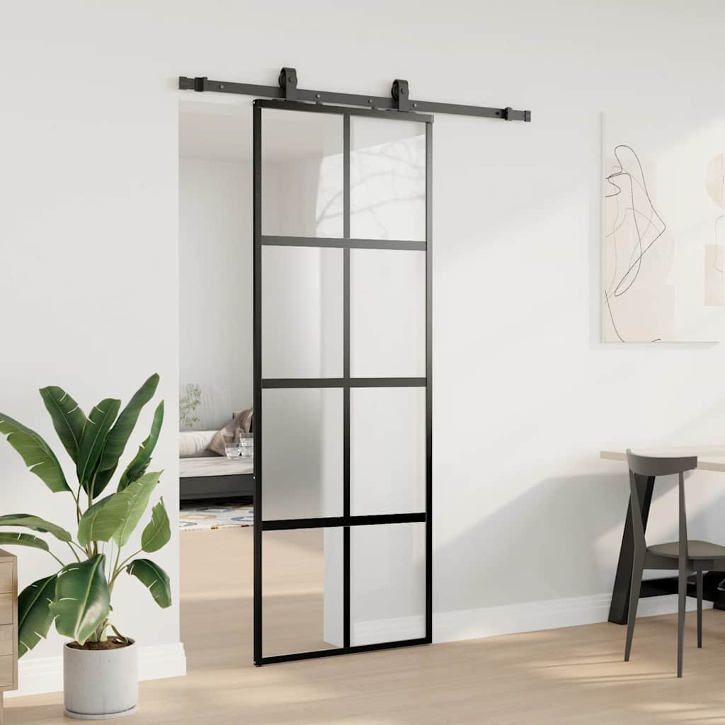 Klizna vrata s priborom crna 76 x 205 cm kaljeno staklo