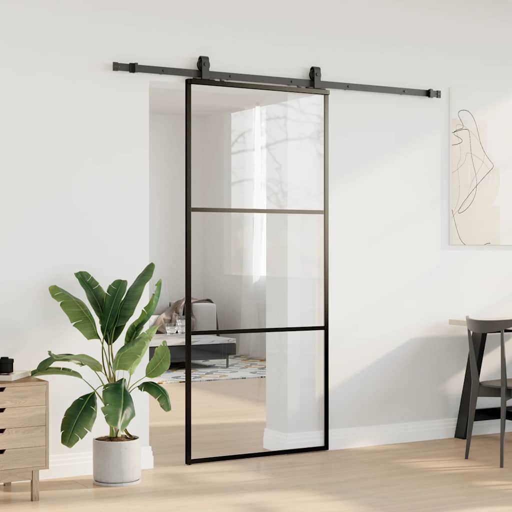 Klizna vrata s priborom crna 90 x 205 cm od ESG stakla