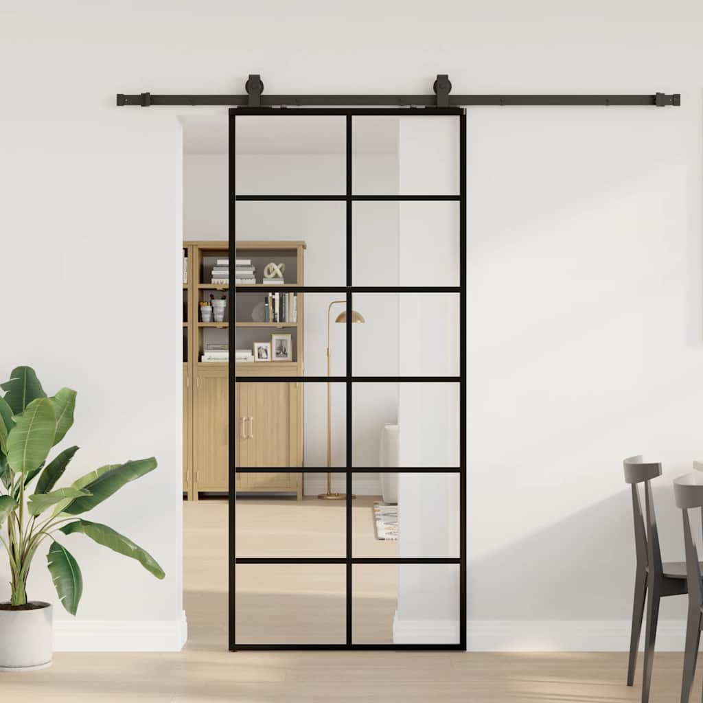 Klizna vrata s priborom crna 90 x 205 cm od ESG stakla