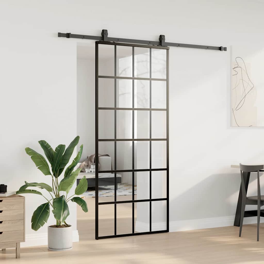 Klizna vrata s priborom crna 90 x 205 cm od ESG stakla