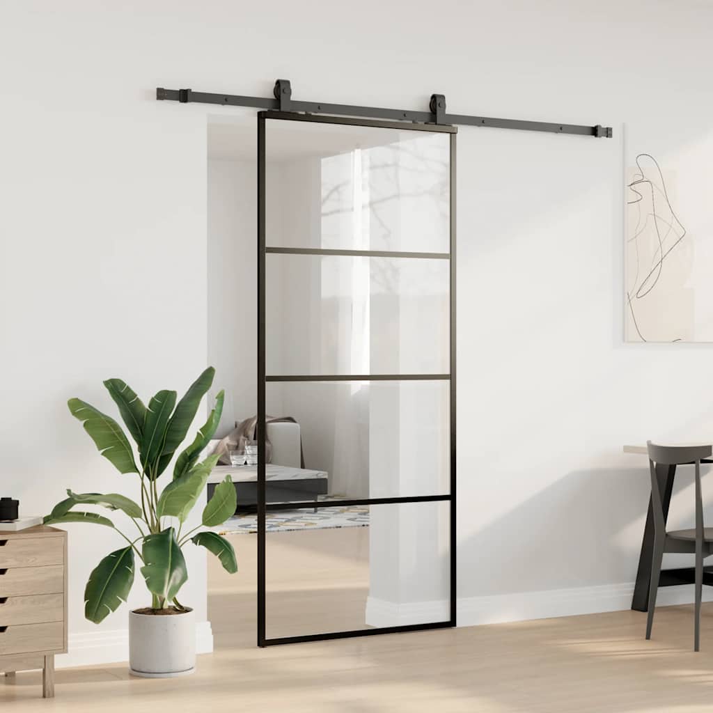 Klizna vrata s priborom crna 90 x 205 cm od ESG stakla