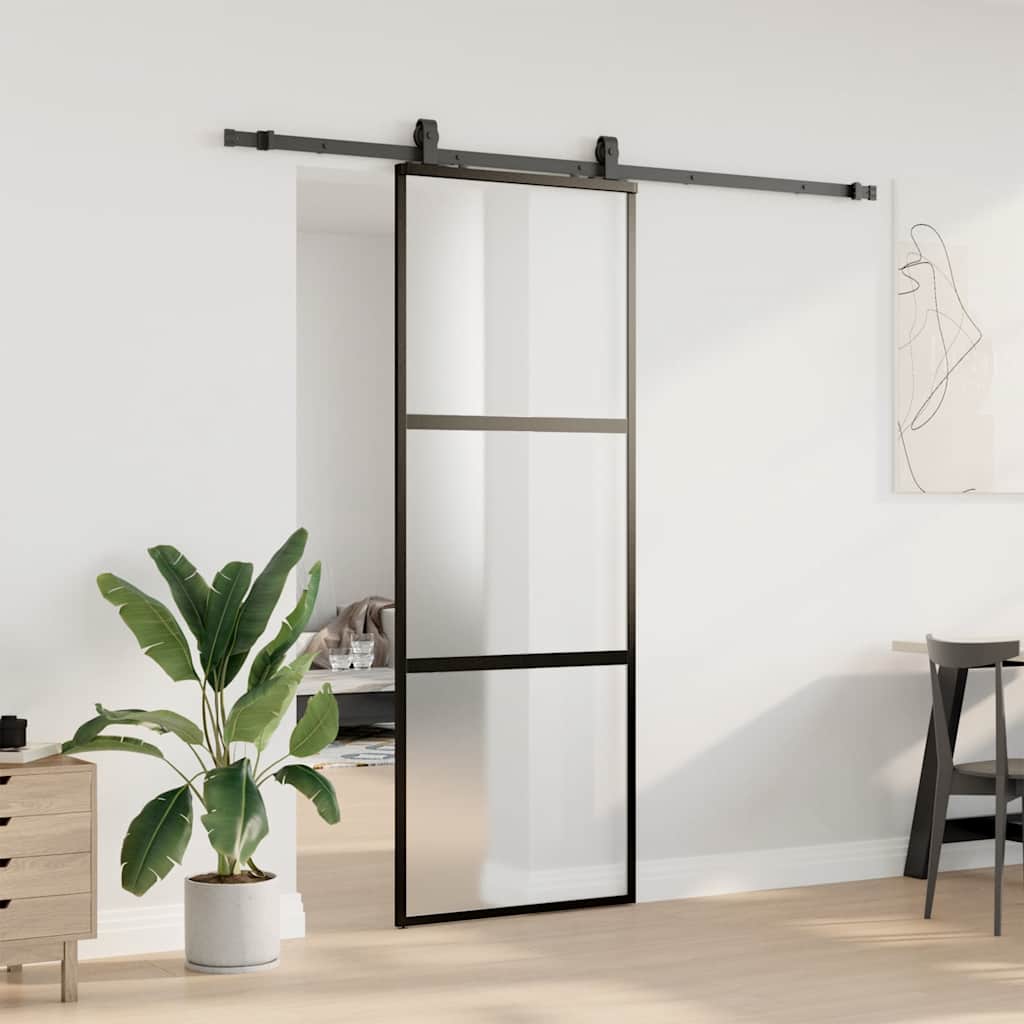 Klizna vrata s priborom crna 76 x 205 cm kaljeno staklo