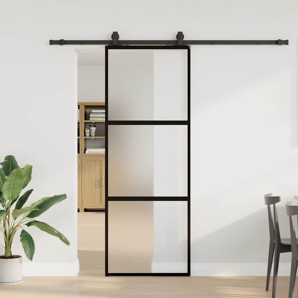 Klizna vrata s priborom crna 76 x 205 cm kaljeno staklo