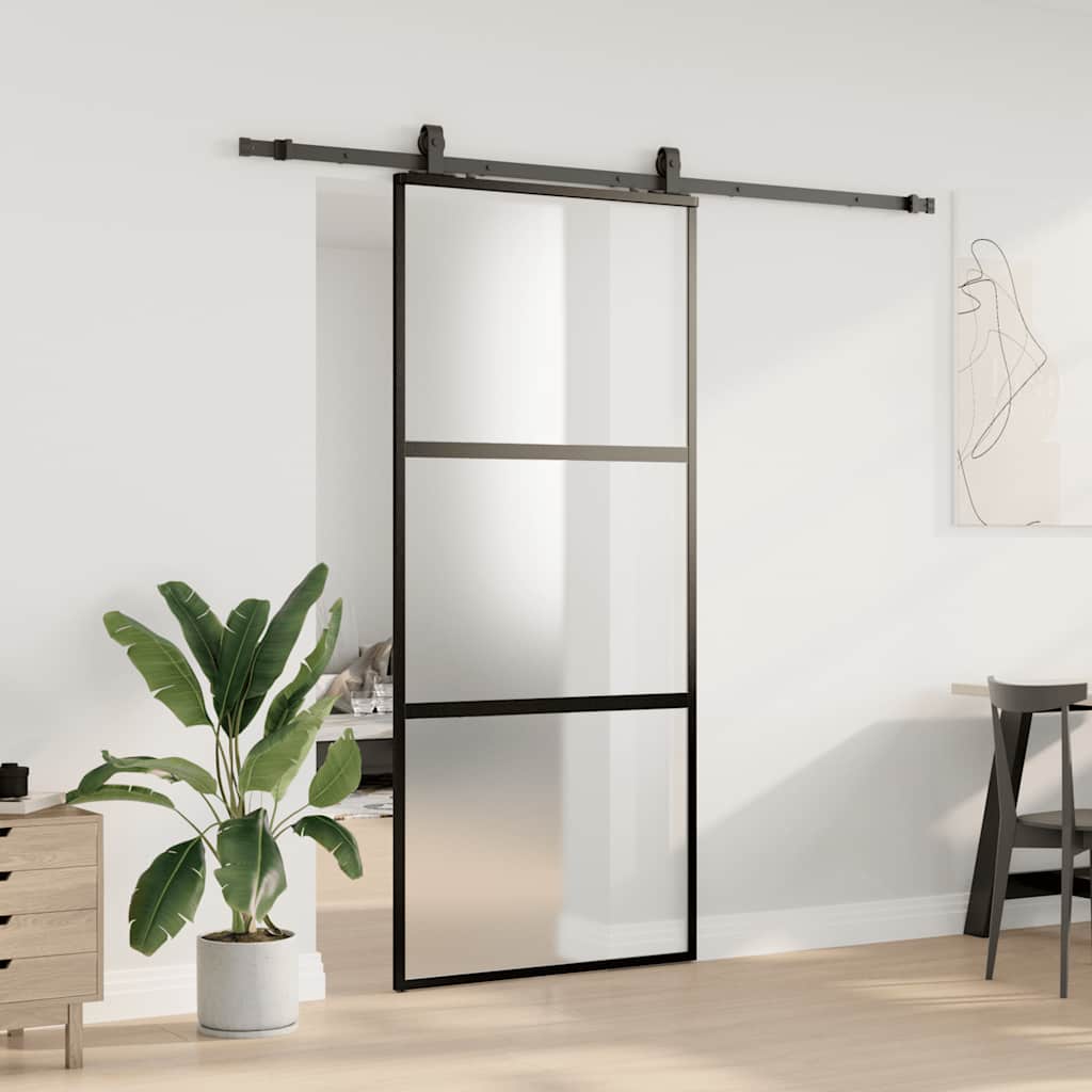 Klizna vrata s priborom crna 90 x 205 cm kaljeno staklo