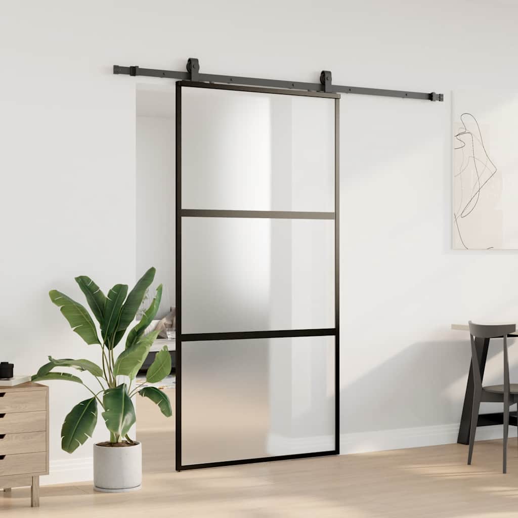 Klizna vrata s priborom crna 102,5 x 205 cm kaljeno staklo
