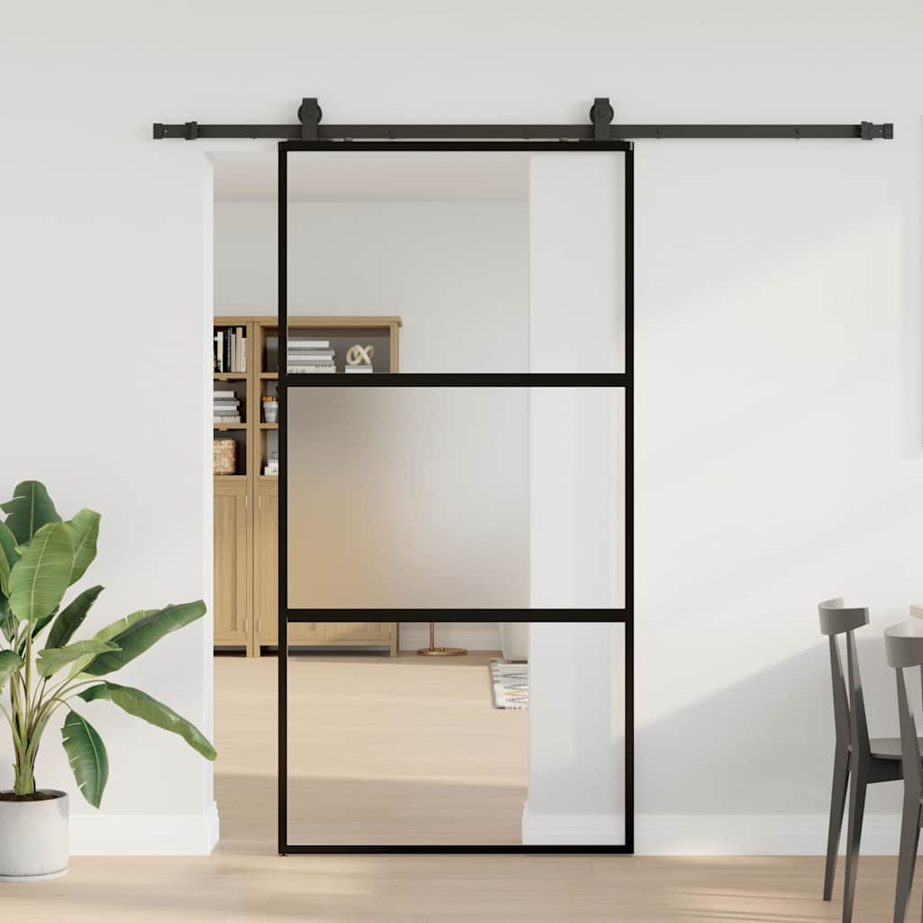 Klizna vrata s priborom crna 102,5 x 205 cm kaljeno staklo