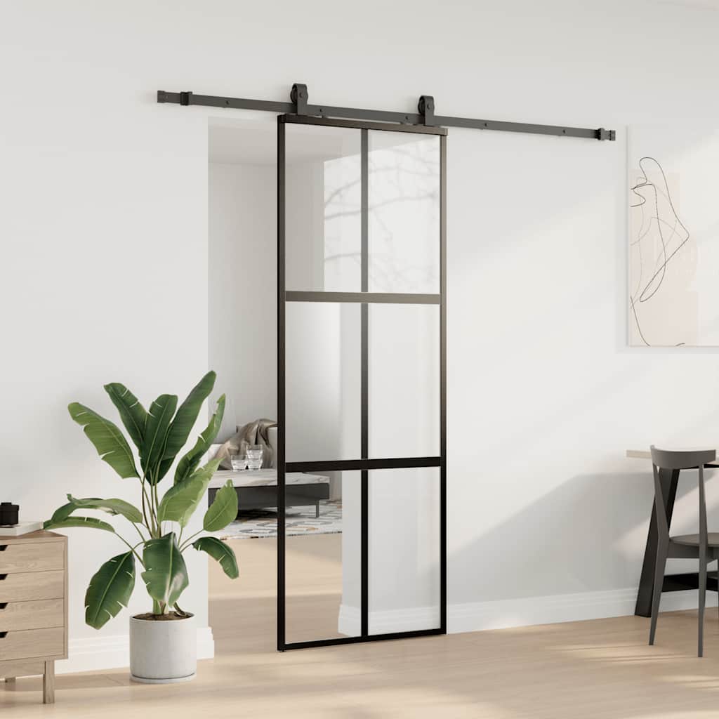 Klizna vrata s priborom crna 76 x 205 cm kaljeno staklo