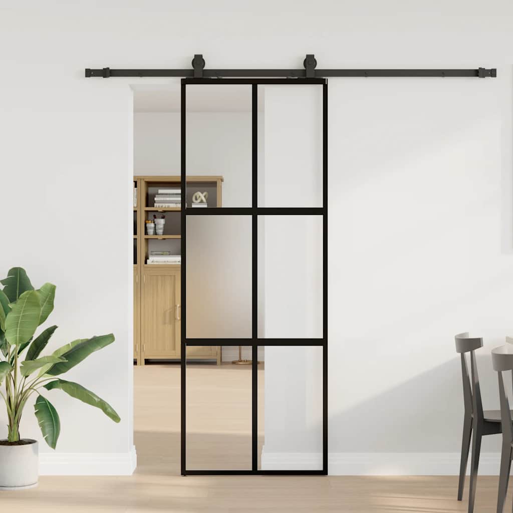 Klizna vrata s priborom crna 76 x 205 cm kaljeno staklo