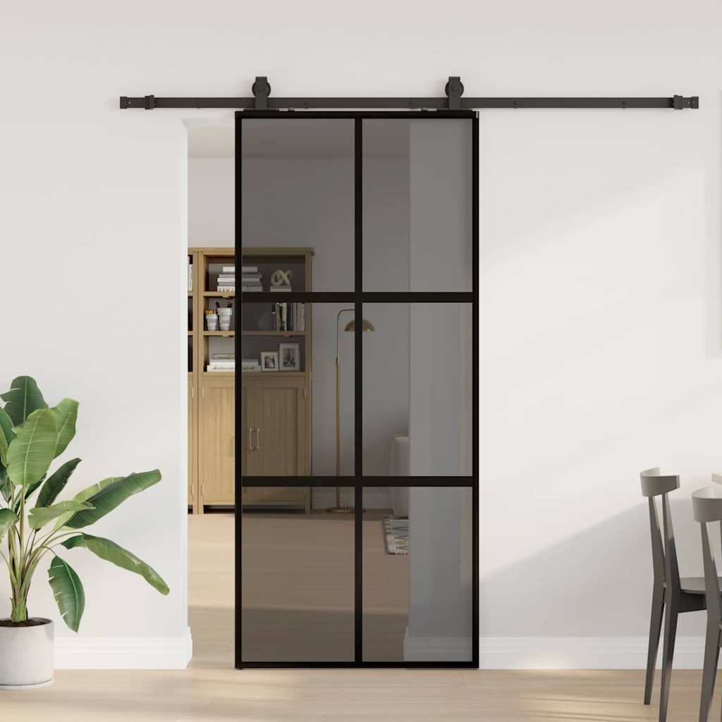 Klizna vrata s priborom crna 90 x 205 cm kaljeno staklo