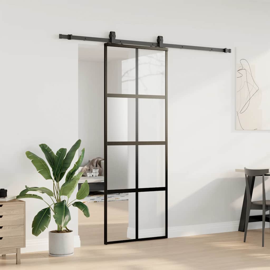 Klizna vrata s priborom crna 76 x 205 cm kaljeno staklo