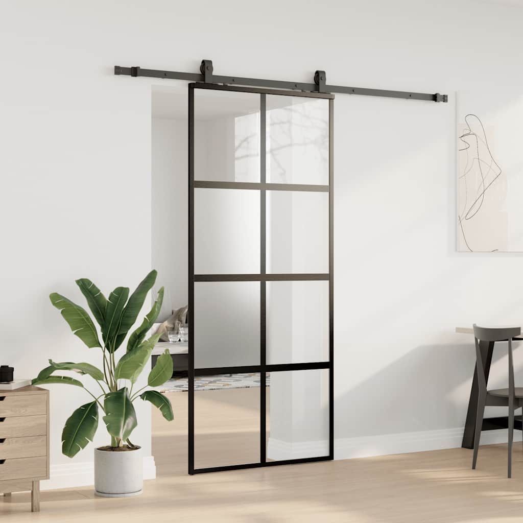 Klizna vrata s priborom crna 90 x 205 cm kaljeno staklo
