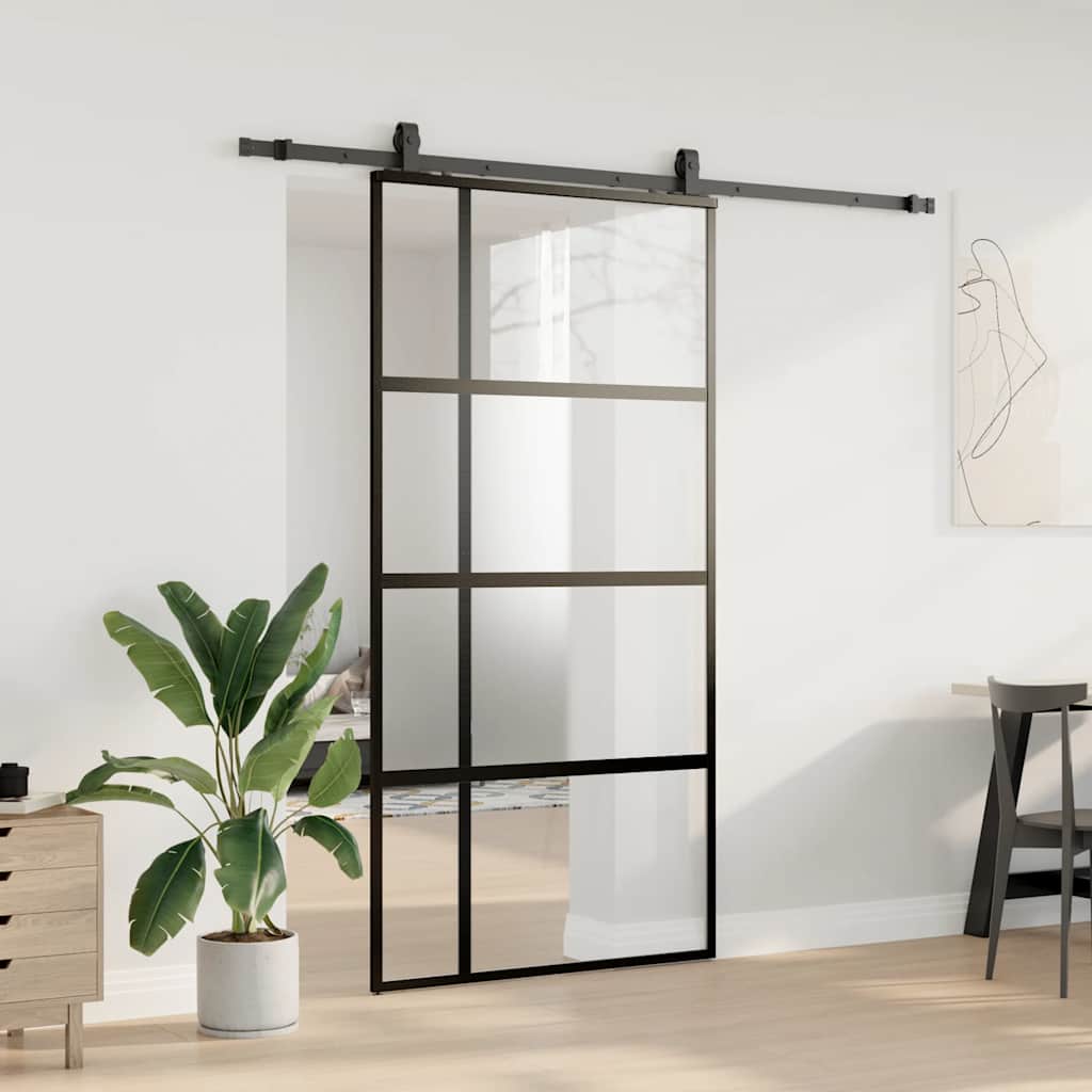 Klizna vrata s priborom crna 102,5 x 205 cm kaljeno staklo