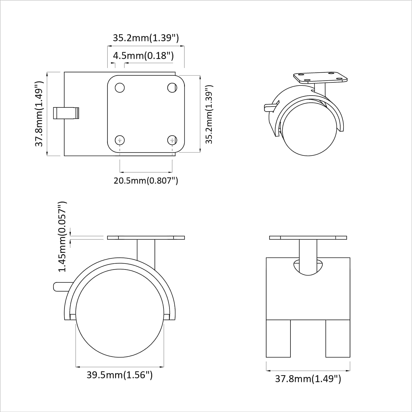 Kotač 2 pcs Crna 39,5 x 39,5 x 37,8 mm Čelik i polipropilen